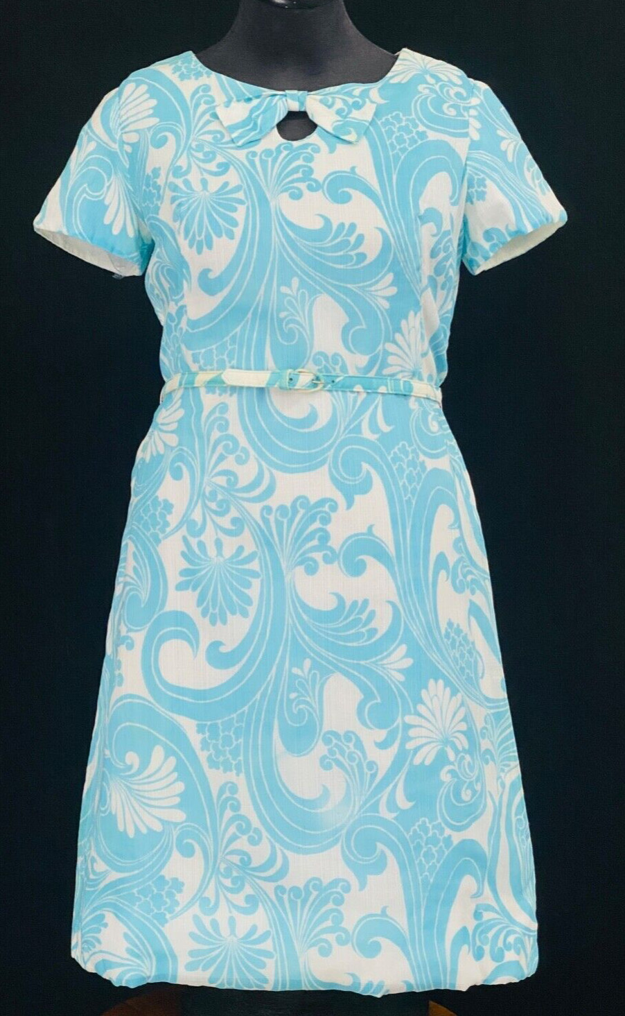Vintage 1960s turquoise white dress, short sleeve floral summer cotton L