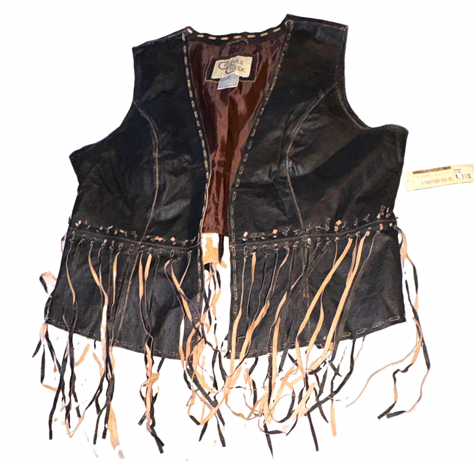 Cripple Creek Women’s XL Leather Fringe Western Vest, Black/Beige, Regular