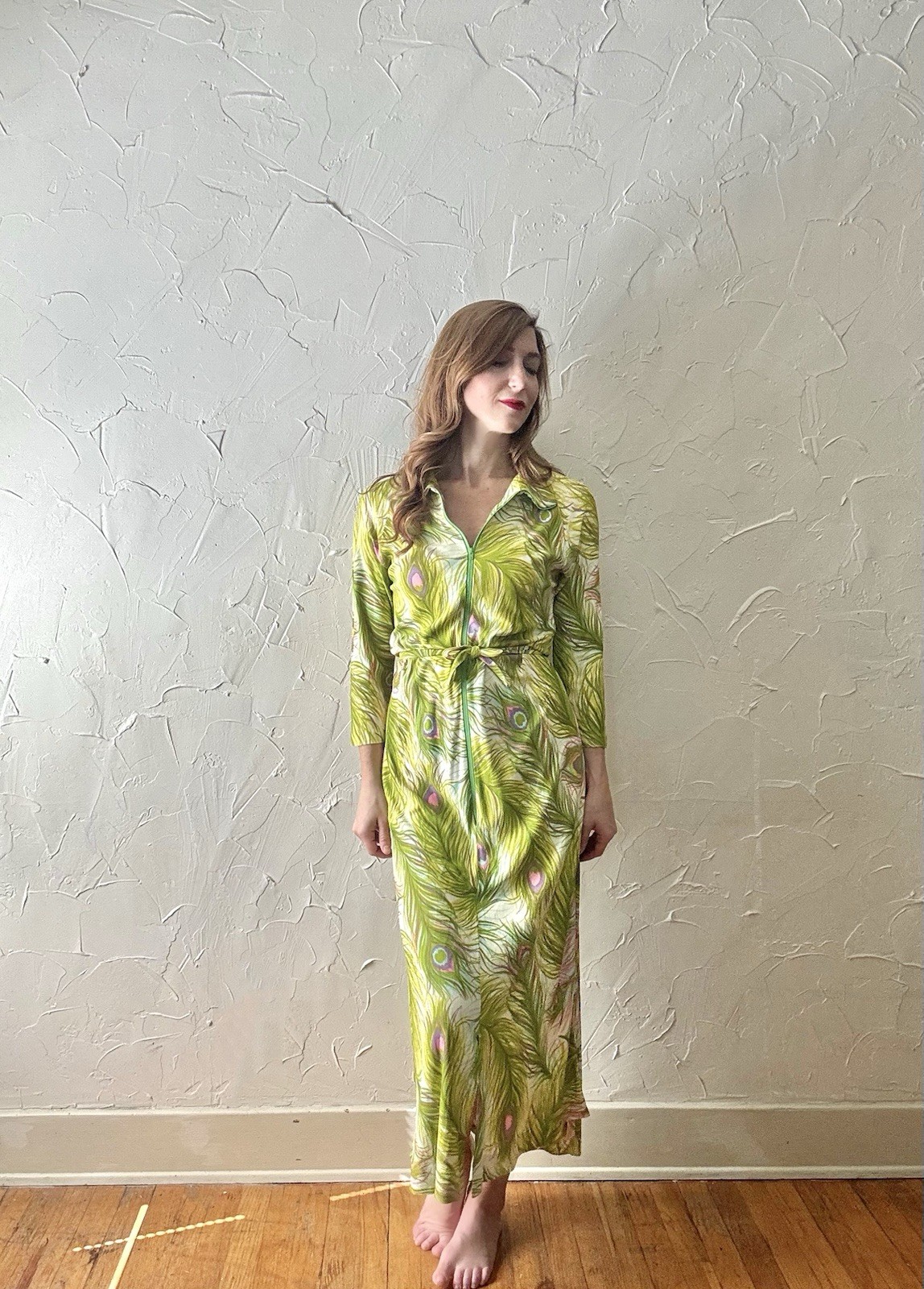 Vintage Early 1970s Peacock Feather Print Jersey Lounge Dress Paulette