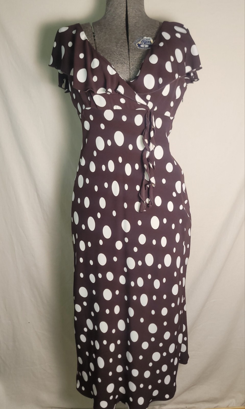 Vintage 80s 90s S.L Fashions Brown White Polka Dot Midi Maxi Dress Ruffles Vneck
