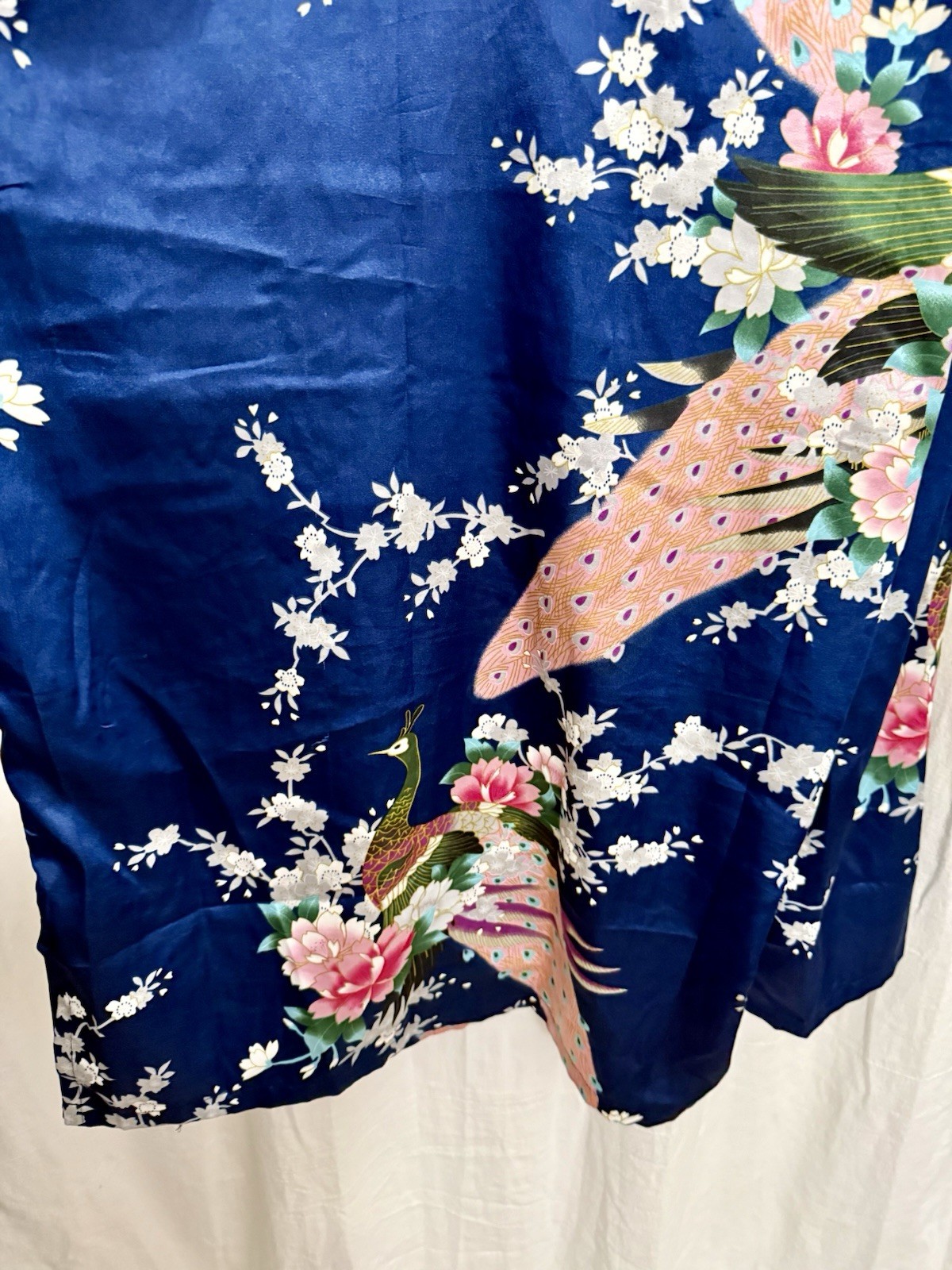 VTG 90s Silk Peacock Kimono Robe Blue Floral Statement Boho Lagenlook Luxe