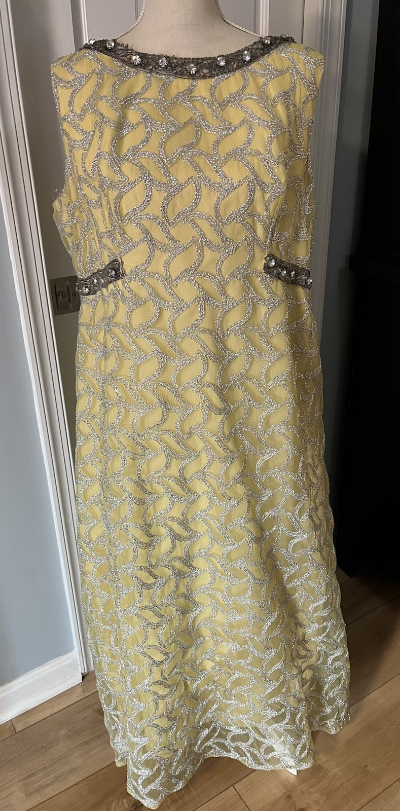 Erlebacher Beaded Long Gown Dress Sleeveless Yellow & Silver Shimmery VTG Large?
