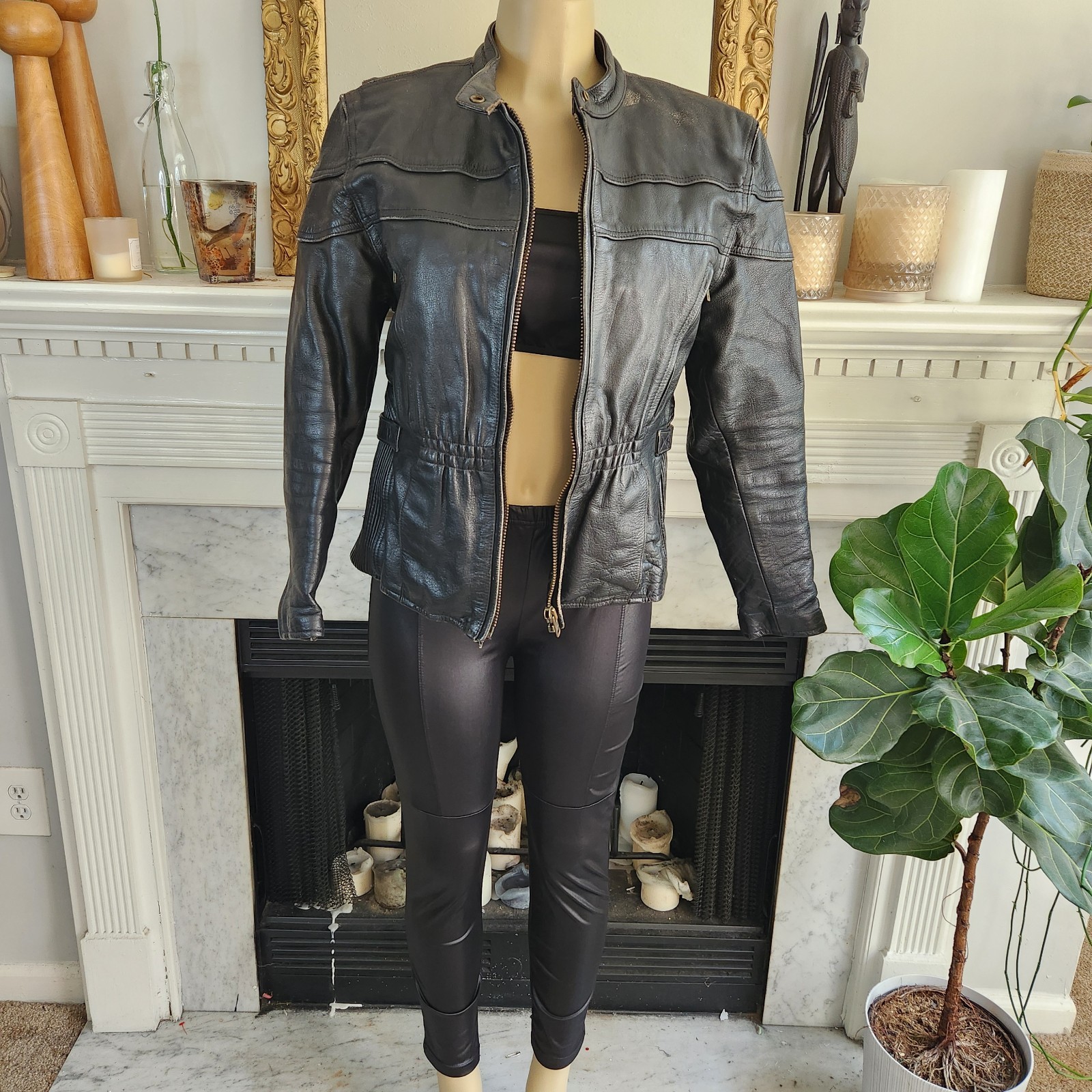 Vintage 80s Black Leather Moto Jacket Racing Biker Skull Size Medium Rocker