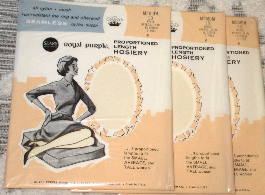 Lot Vintage Sears Royal Purple Hosiery Nylons Sears 10 Medium White STOCKINGS