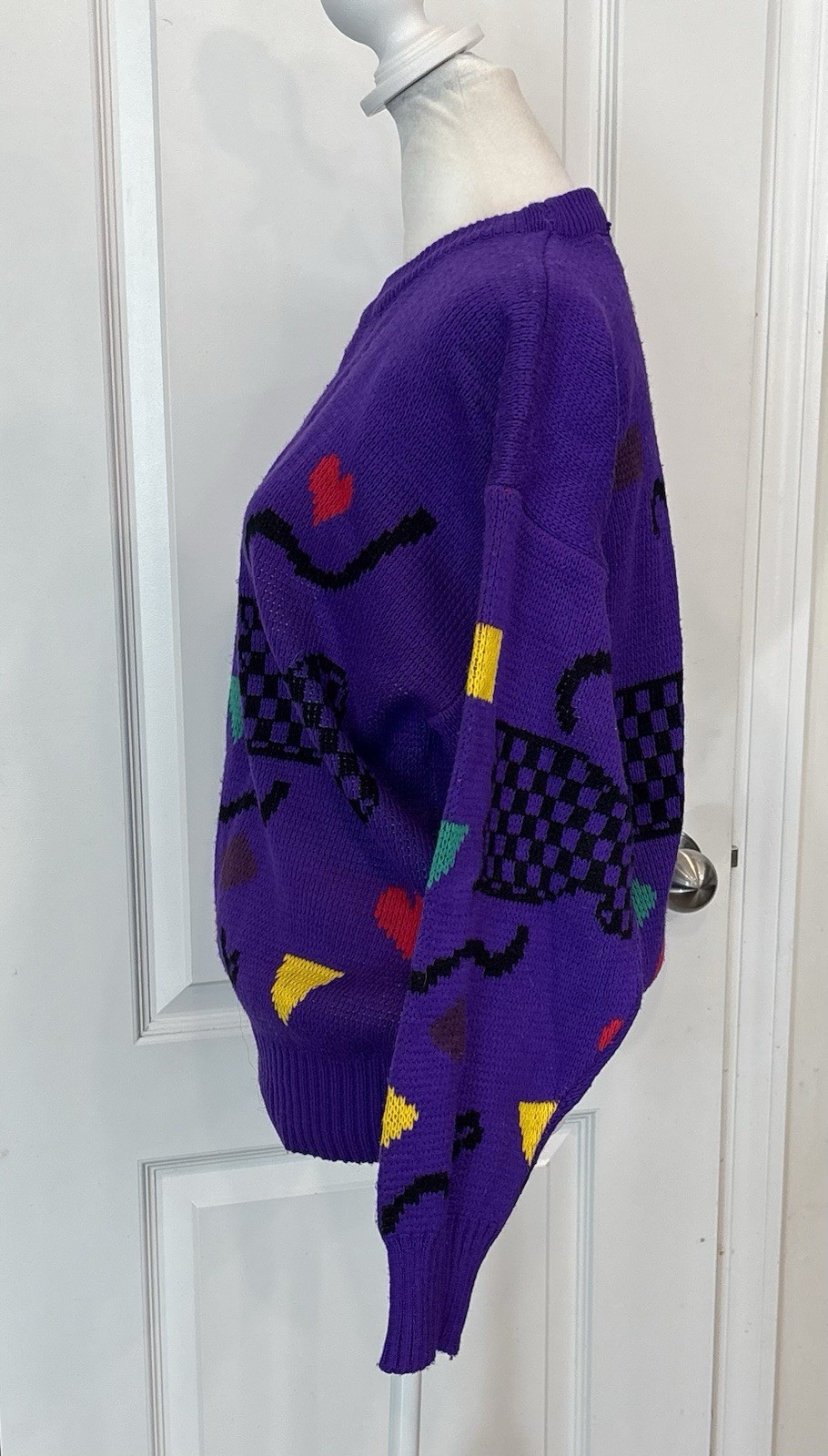 Vintage 80s Chateau Sweater M Purple Abstract Geometric Novelty Knit Colorblock