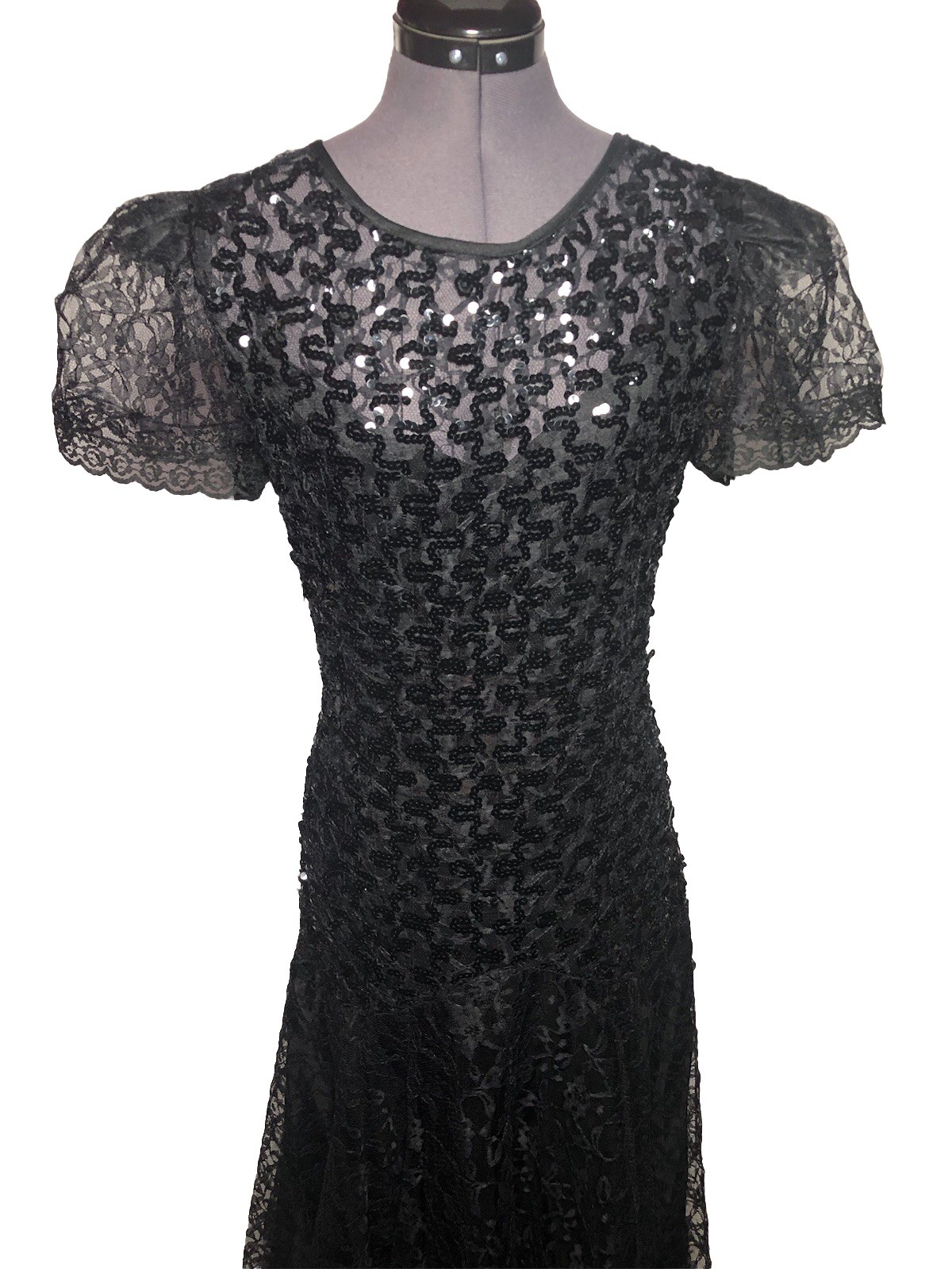 Vtg 90s Goth Lace Sequin Dress Black Witchy Whimsygoth Witchy 39-33-39 DAMAGED M