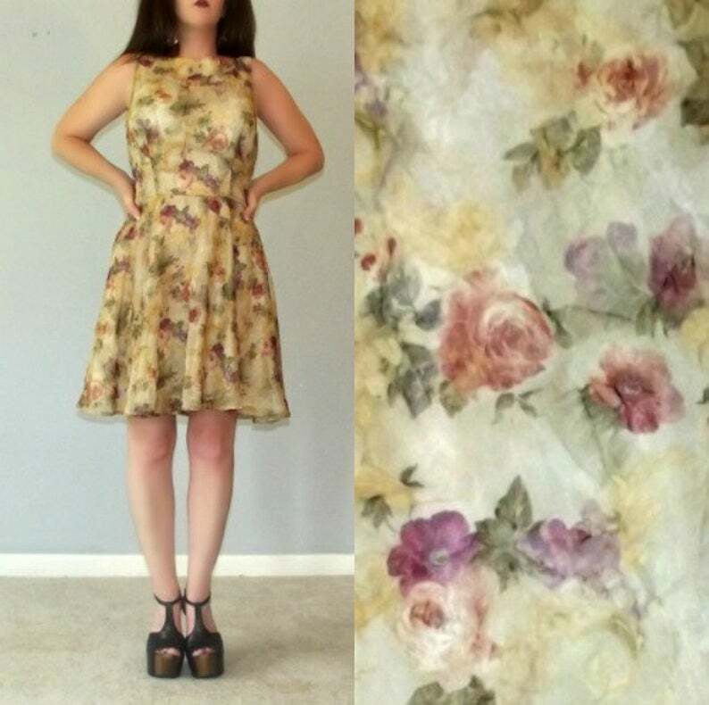 SALE!! SM Vtg 70s Dawn Joy Floral Crepe Rose Print Career Flare Mini Day Dress