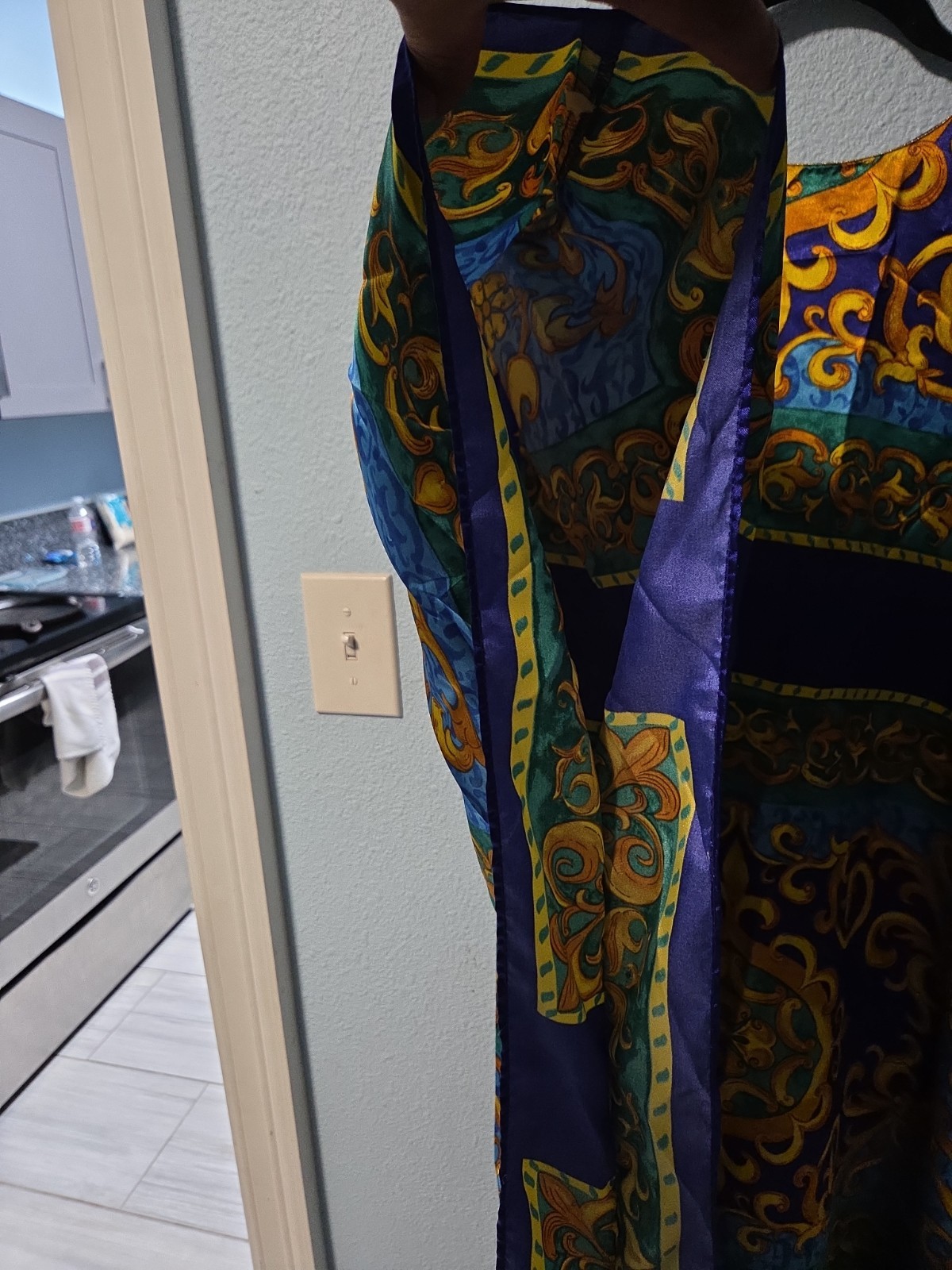 vintage 1980s Winlar satin kaftan blue and gold baroque-style print