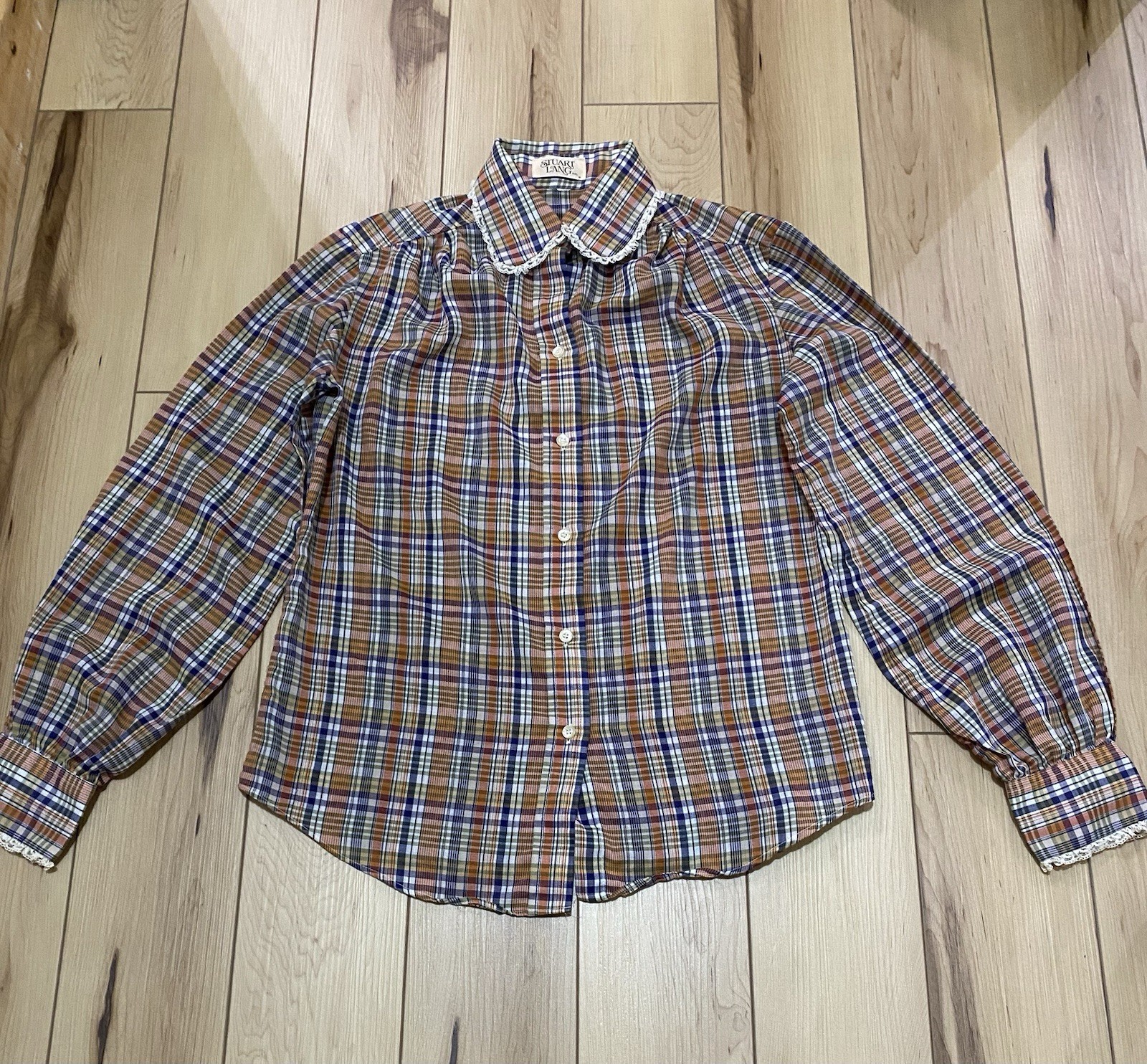 Vintage 70s/80s Stuart Lang Women’s Plaid Lace Collar Blouse Sz.S