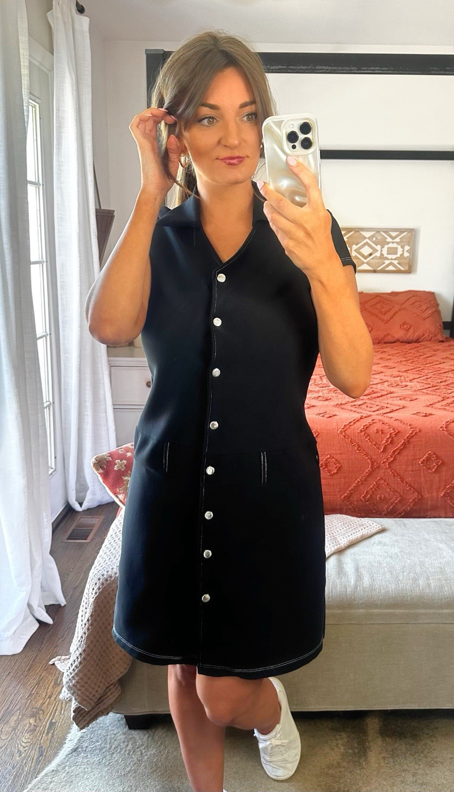 Vintage 90’s Black Drop Waist Collared Button Up Knee Length Dress