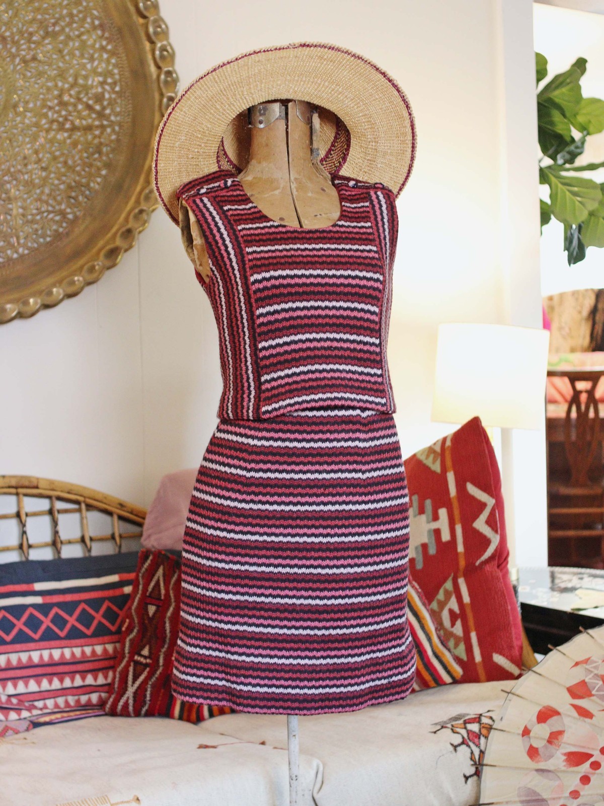 Vtg 1960s Retro Knit Striped Mini Skirt Sleeveless Crop Top Set Mod Mid Cenurty