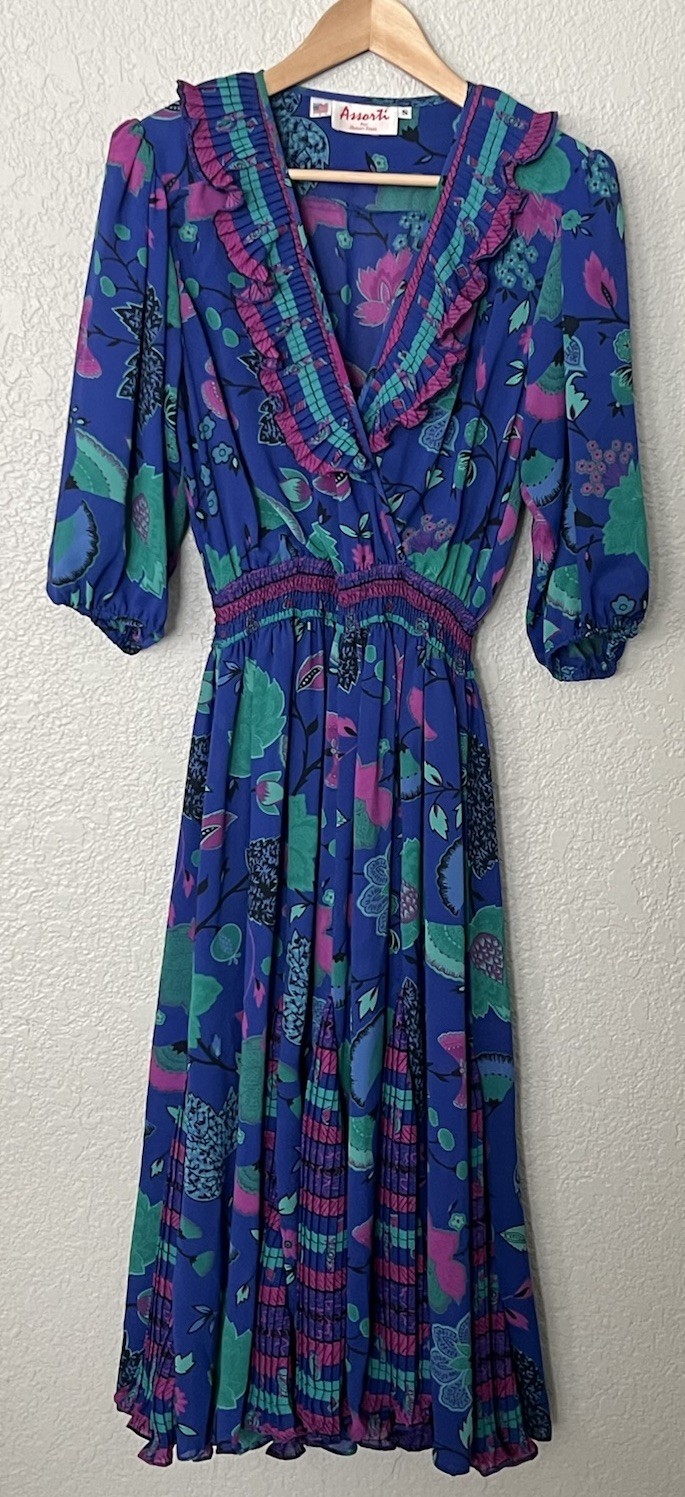 Vintage Assorti Susan Freis Ruffle Neck Blue Floral Pleated Midi Dress Size S