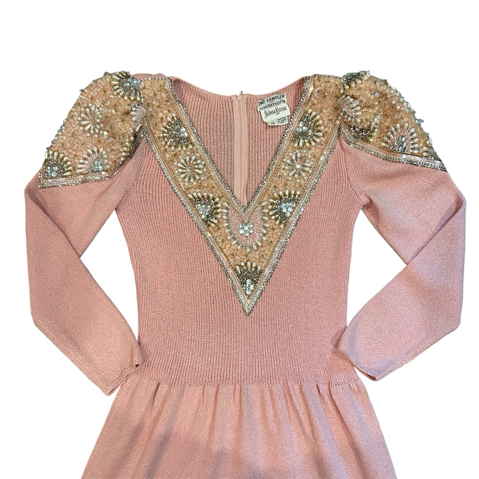Pat Sandler Wellmore Neiman Marcus Pink Beaded Knit Dress Vintage 70s Cocktail S