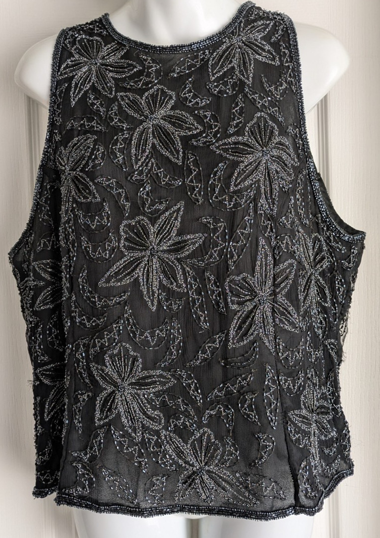 Vintage Laurence Kazar Black Silk Beaded Evening Bridal Shell Sleeveless Top 1X