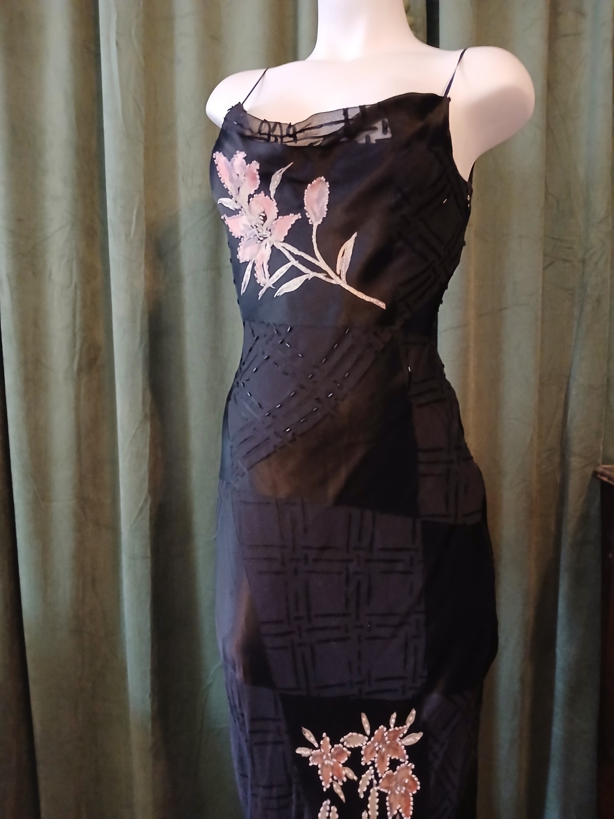 Vintage 90s L’Pogee Black Silk Rayon Floral Beaded Bias Cut Slip Gown Dress 8