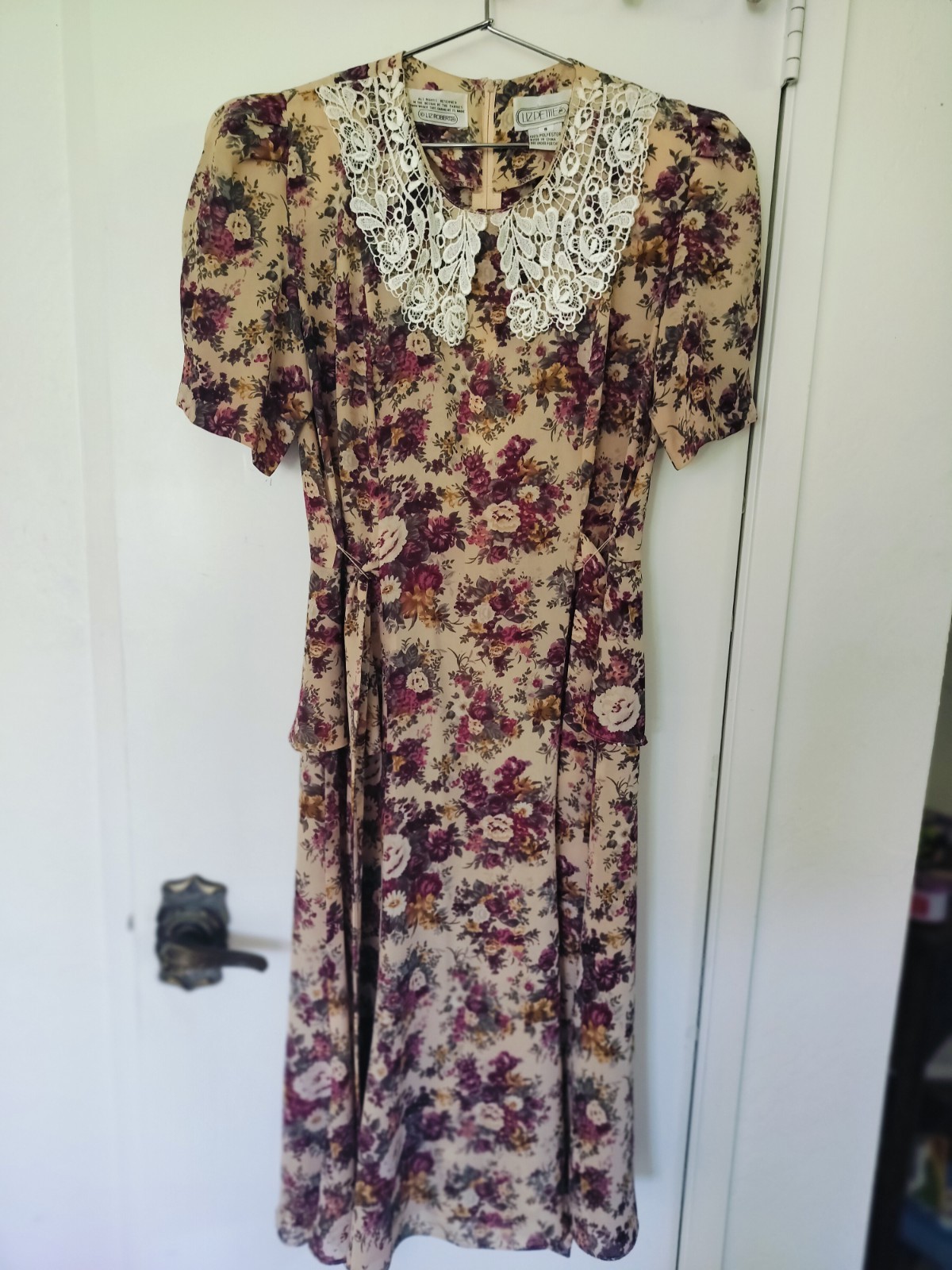 Vintage 80s Liz Roberts Petite Floral Midi Dress Lace Collar Cottagecore Size 6