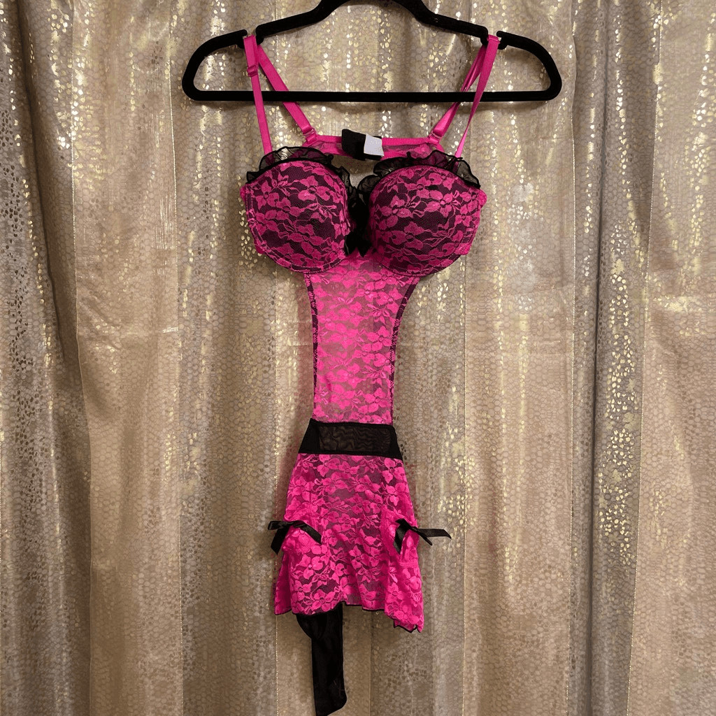Hot Pink Black Lace Padded Push Up Tie Back Baby Doll Lingerie Med NWOT
