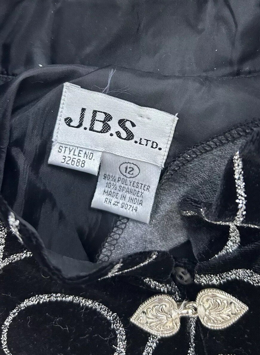 Vintage BLACK VELVET Silver Glitter Mandarin Collar Jacket Size 12 Women JBS LTD