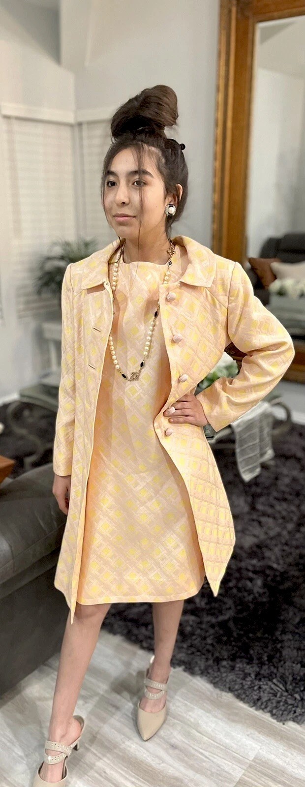 1960’s Pink Yellow Brocade Easter Spring Wedding Union Made Dress Coat Suit Sz 8