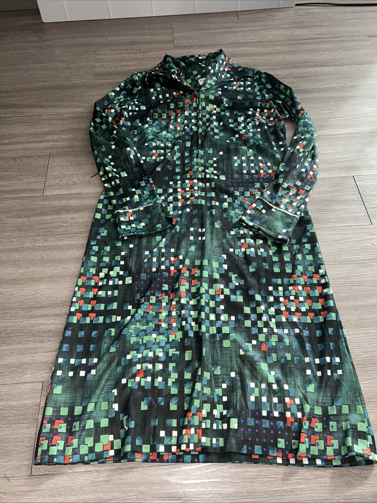 Vintage Jeanne Durrell unique Zip up style full Print polyester Dress Small