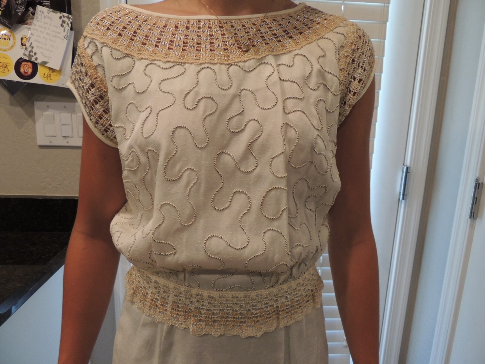 Vintage Paul Sachs Original Dress cream & gold accent fitted button back