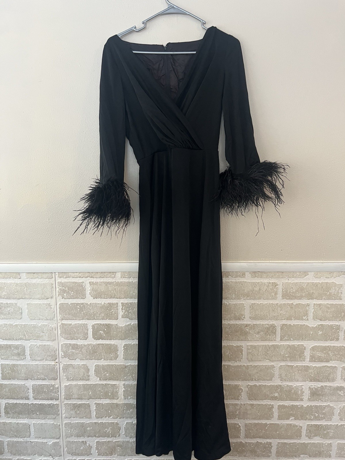 Vintage Lilli Diamond Black Silk Evening Gown Feather Cuffs Old Hollywood 8