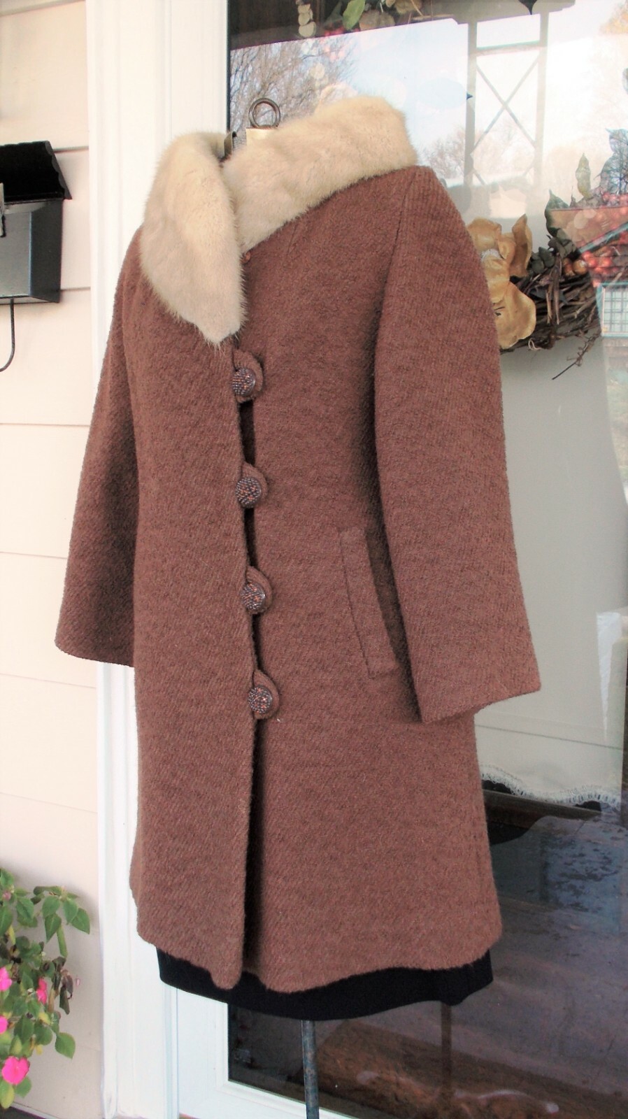 Vintage Brown Rust Textured Wool Coat W/ Champagne Blonde Mink Collar S/M