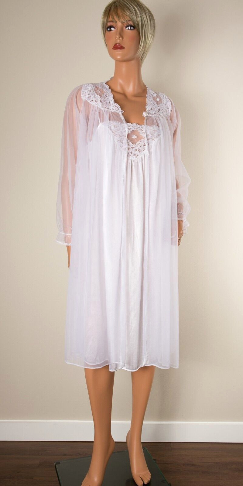 💖 VTG KAYSER Bridal Chiffon Peignoir Nightgown Set White Robe Negligee Lace S