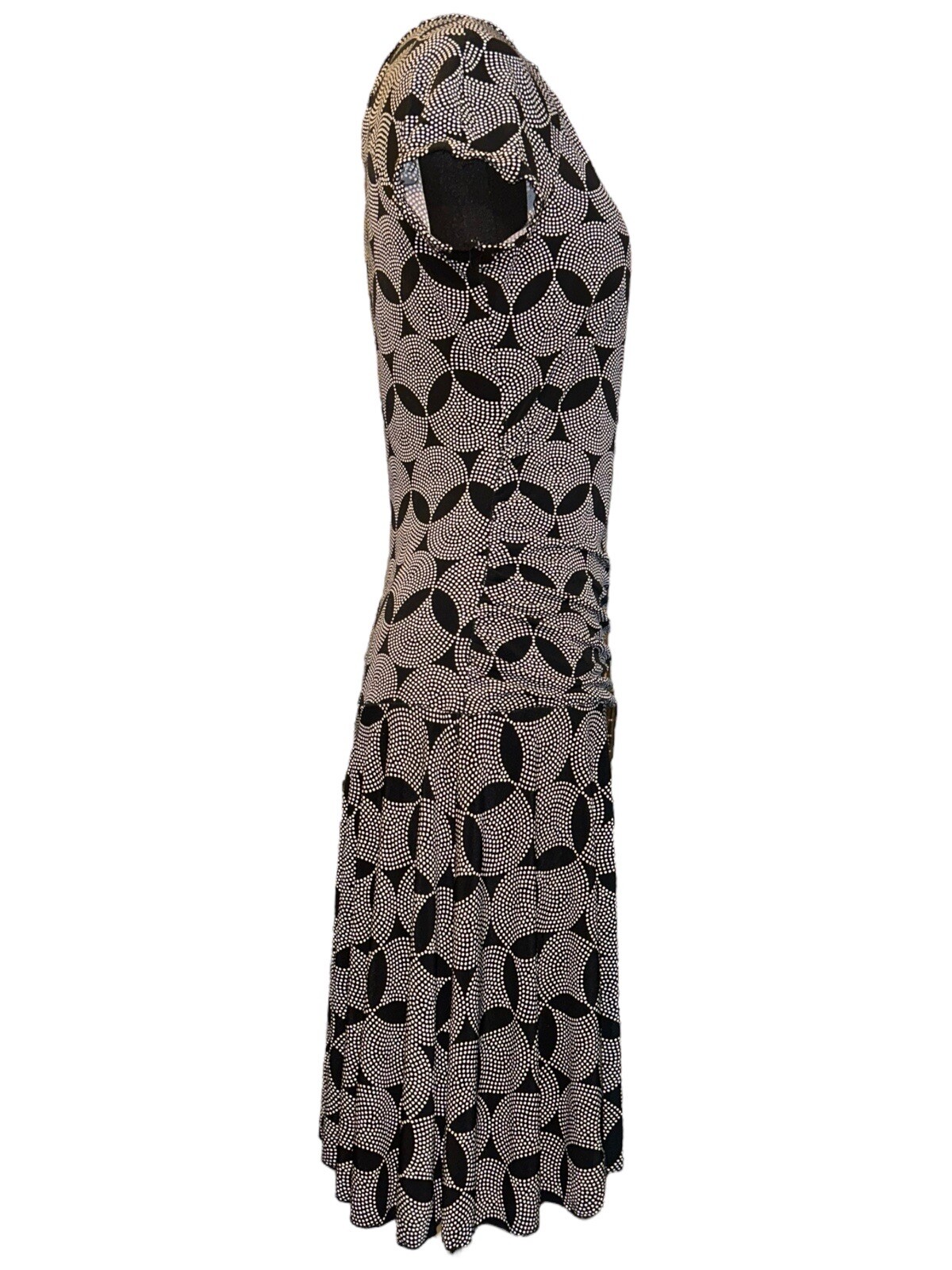 BCX V-Neck Cap Sleeve Ruching Bl/Wh Geo Print Short Faux Wrap Dress Women L VTG
