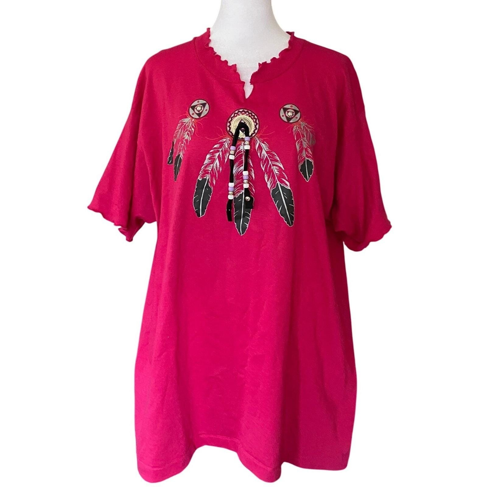 Vintage Beaded Feather Pink T Shirt XL Western Cowgirl Native Rodeo Bedazzled