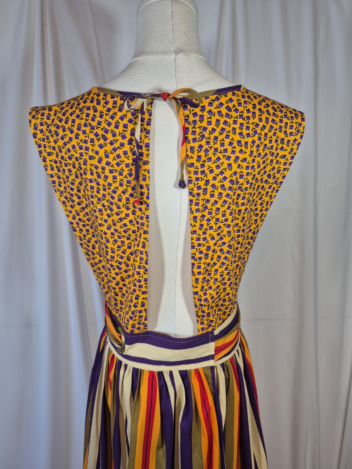 Vintage Design House Japan Floral Striped Apron Pinafore Dress Multicolor Small