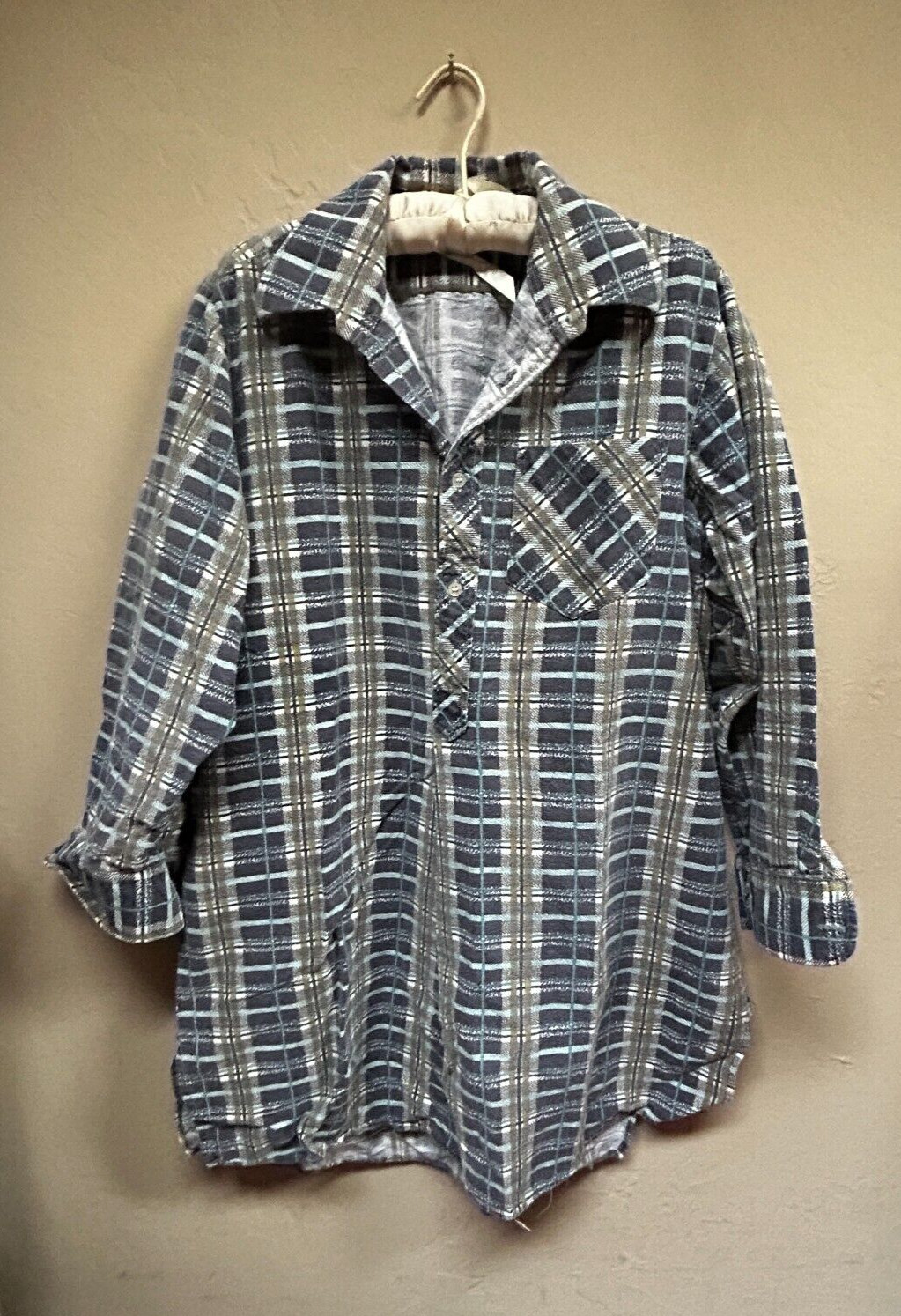 Women’s Vintage European Tunic Half Button Shirt Heavy Cotton Plaid Multicolor