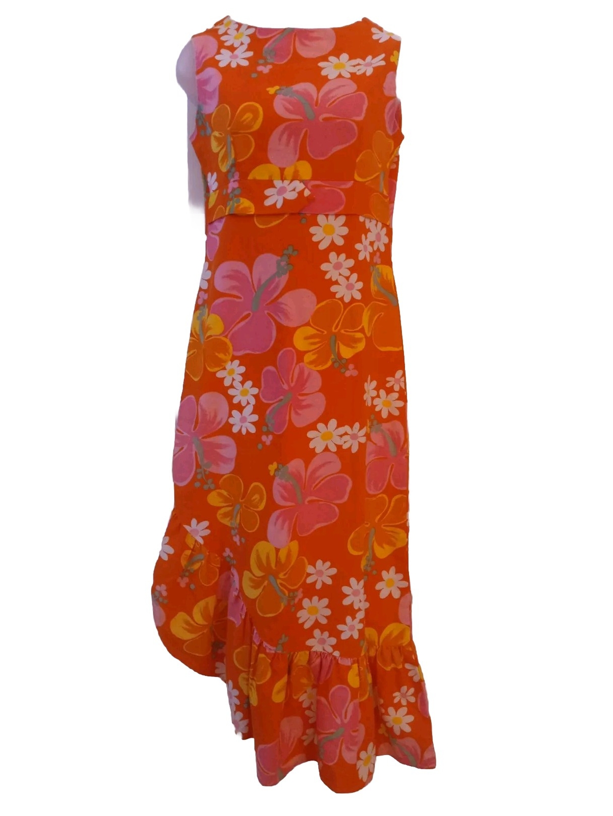 Vintage 60s Hawaiian Psychedelic Orange Floral Tiki Oasis Ruffled Skirt Dress SM