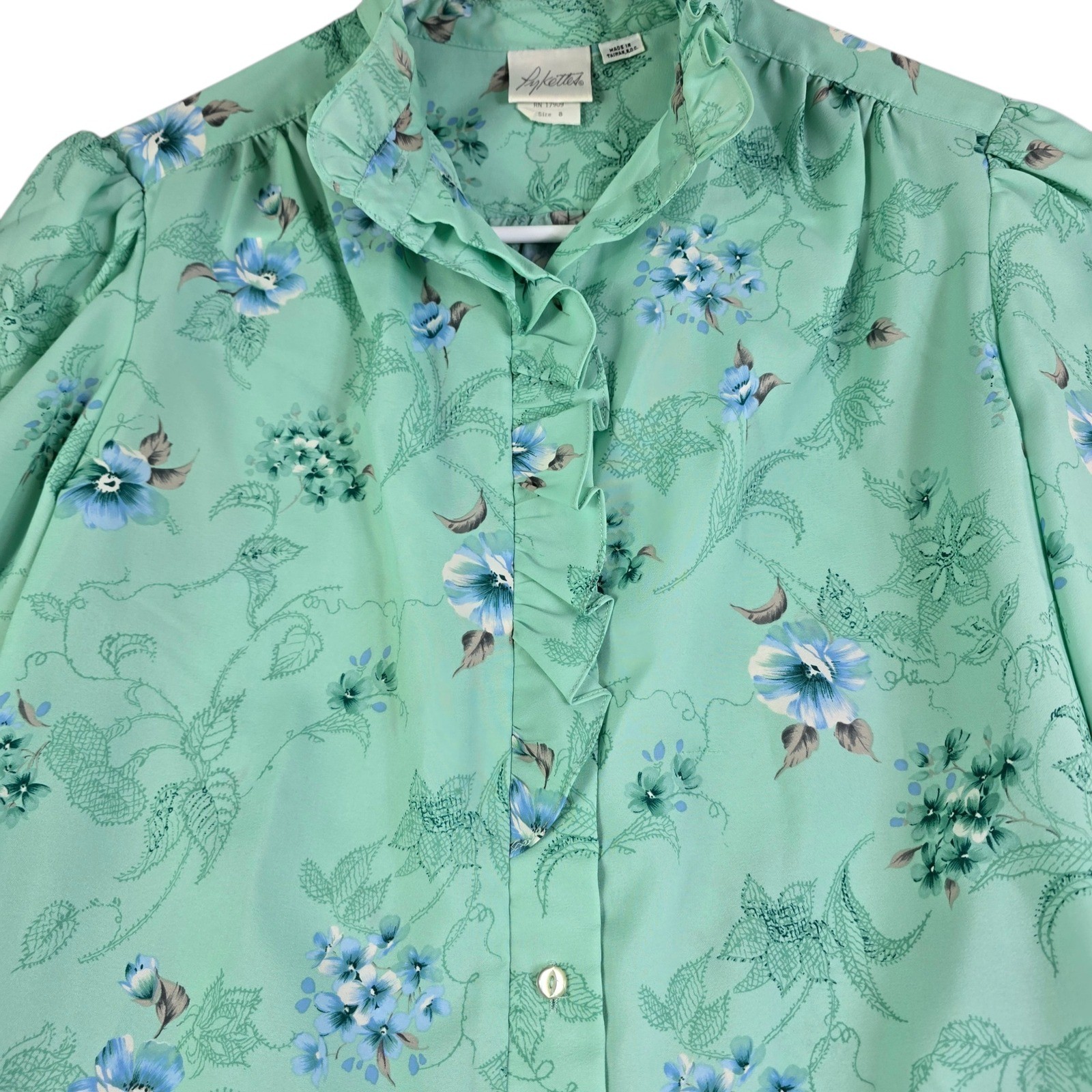 Vintage Floral Ruffle Blouse Womens 8 Mint Green Victorian Style Pastel Grandma