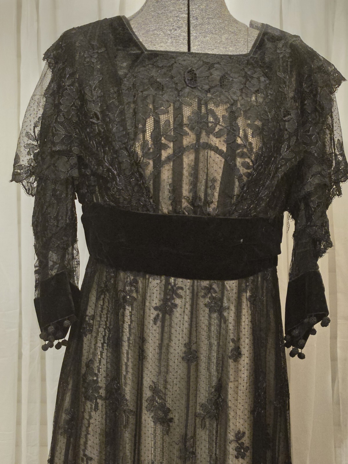 Edwardian Black Chantilly Lace Tassels & Velvet Trim Gown
