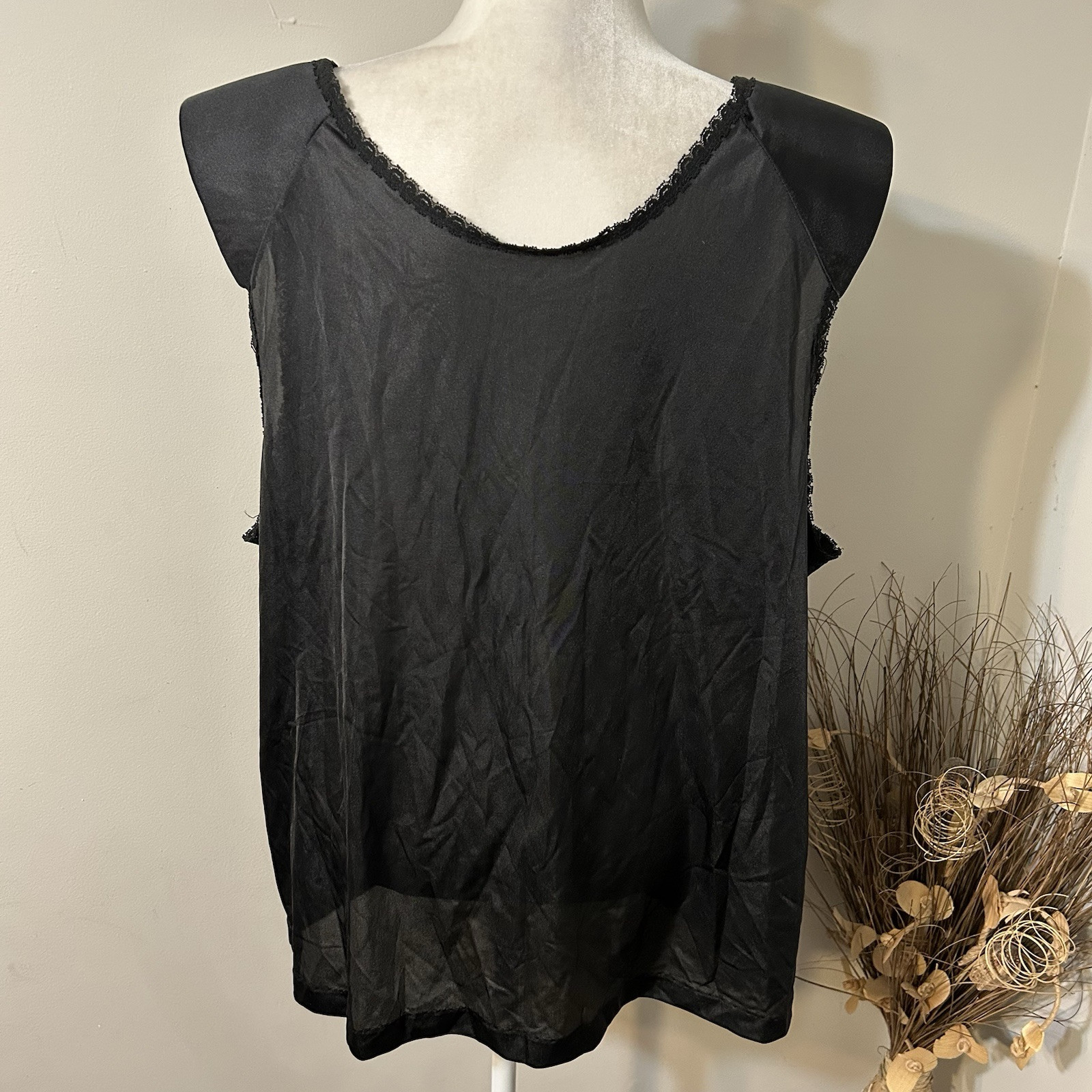 Vtg Jenelle Of California Lingerie Black Padded Shoulder Tank Top Lace Sz 4X USA