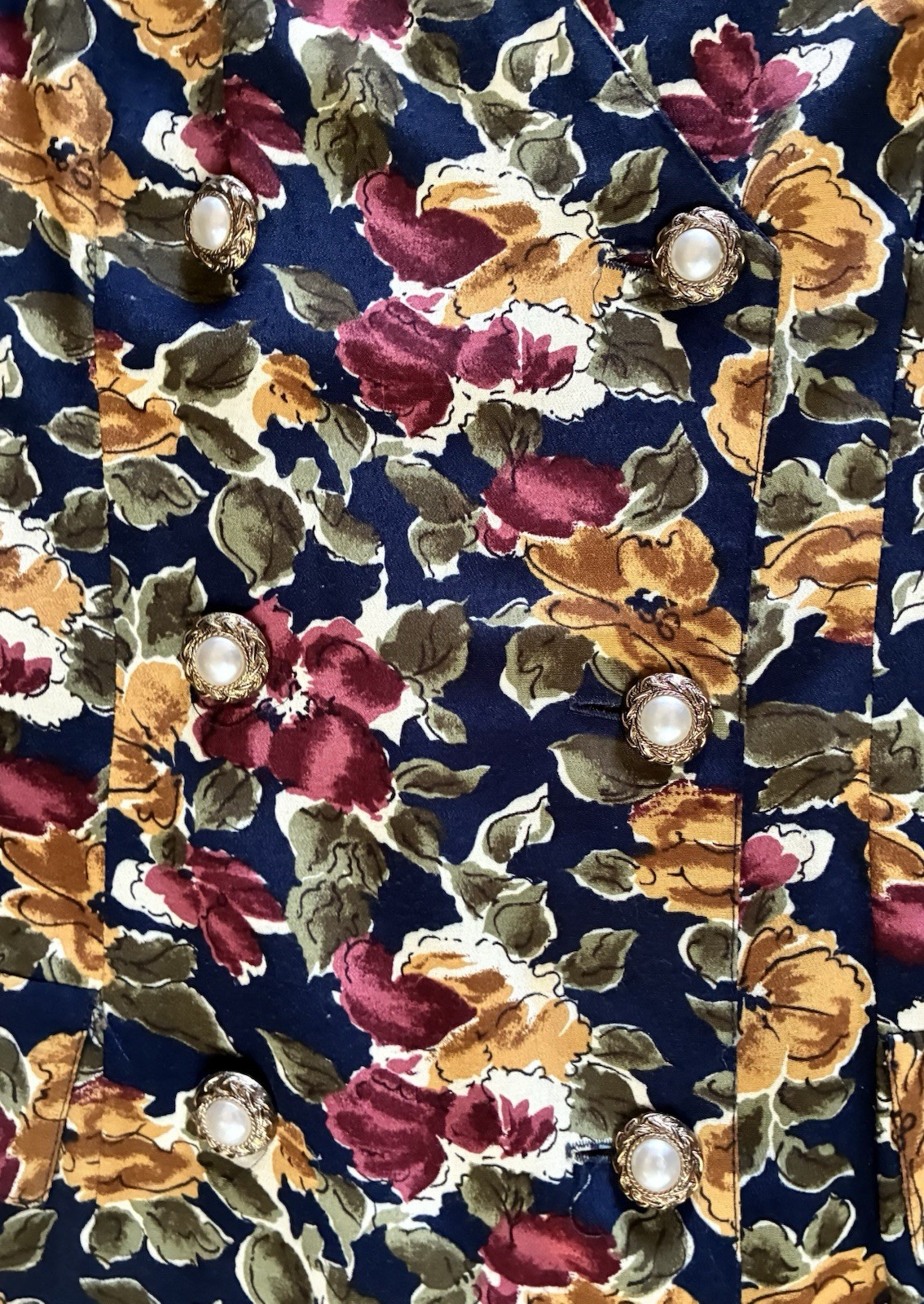 Vintage 90s Wrapper Rayon Navy Floral Double Breasted Jacket Blazer USA Made M