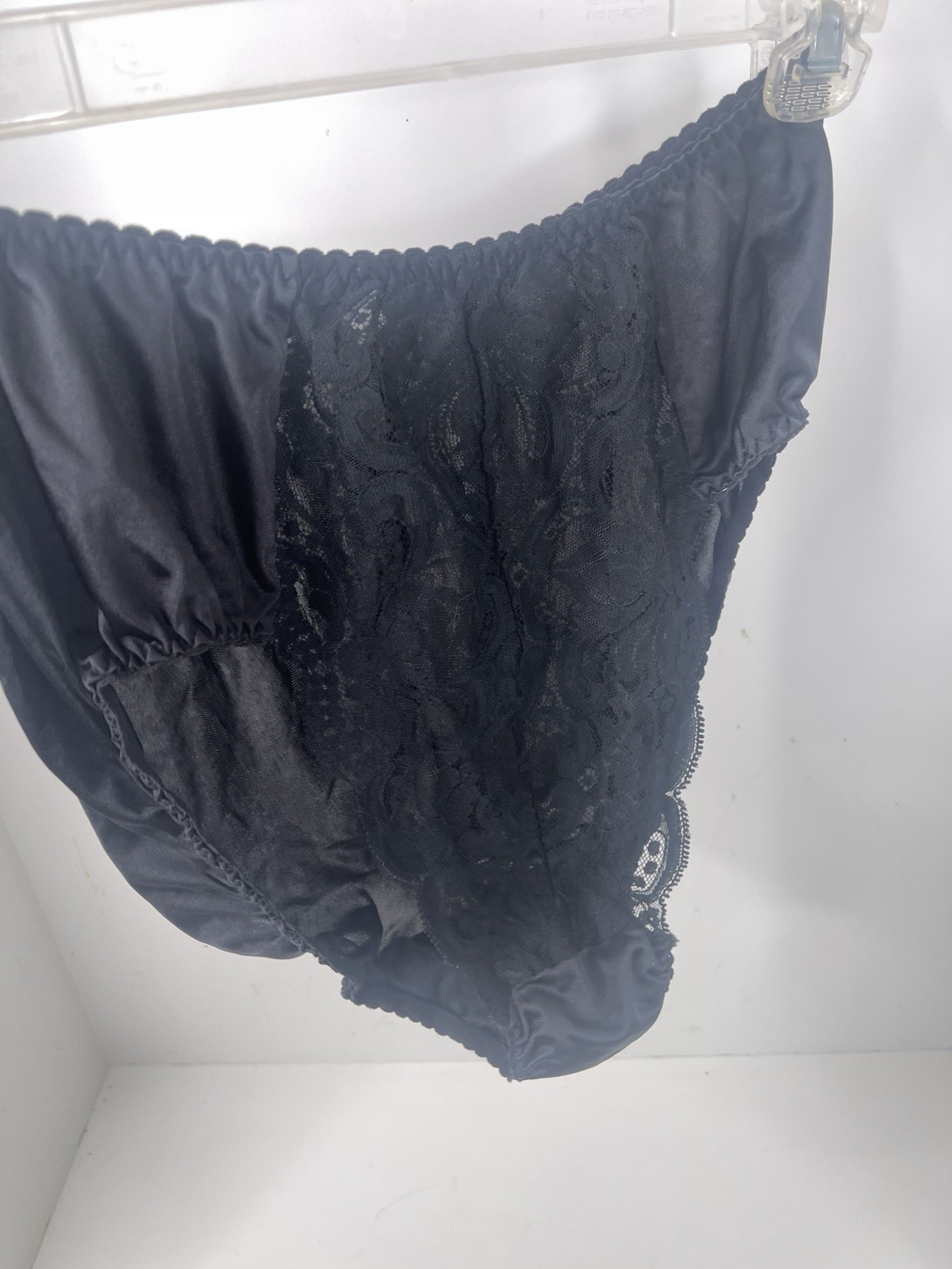 Vintage Olga Sheer Lace HI-CUT Panties #23107 black L Lacy Nylon Cotton 90s