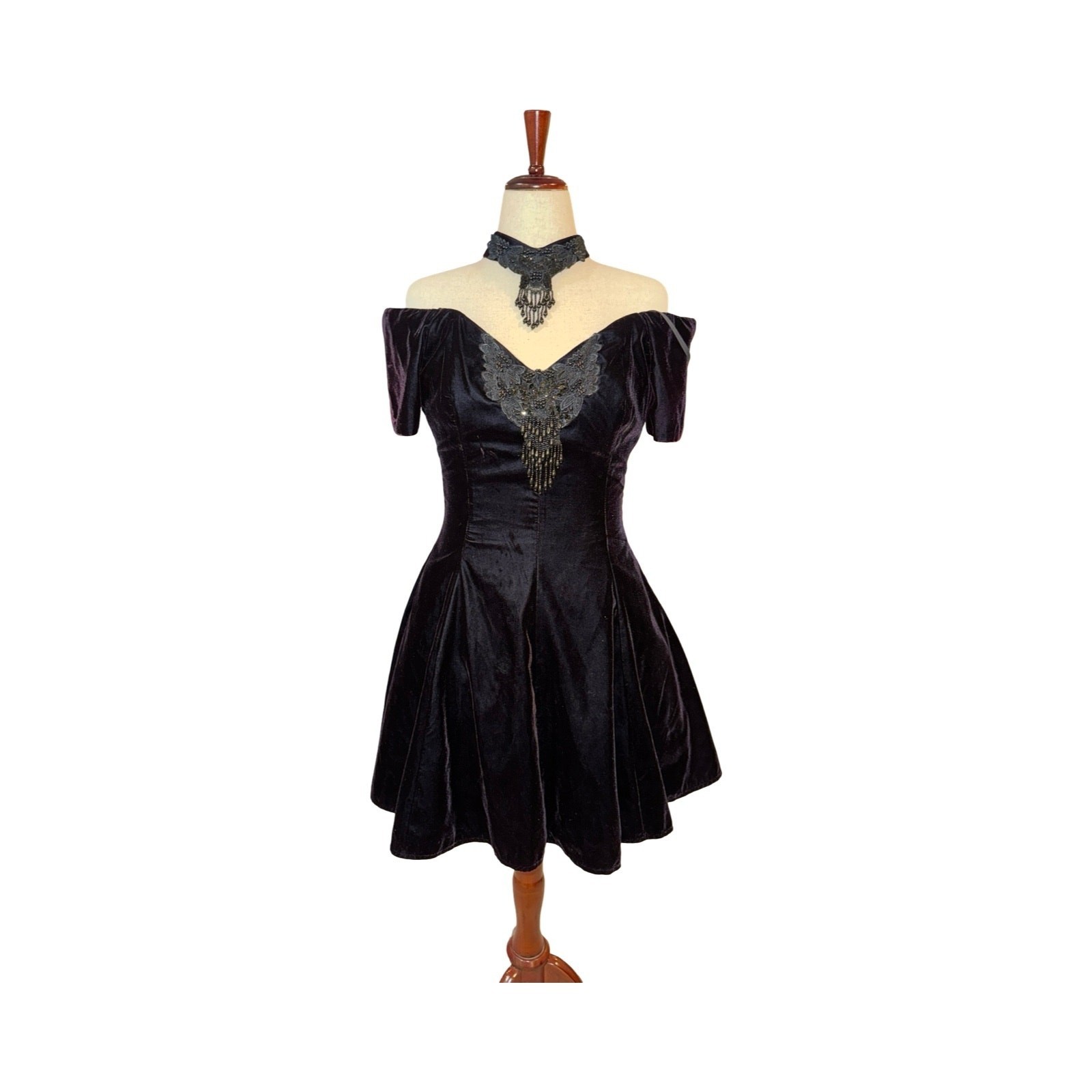 Vintage 90s L.A. Glo Velvet Mini Dress Women Black Beaded Lace Open Back 9/10