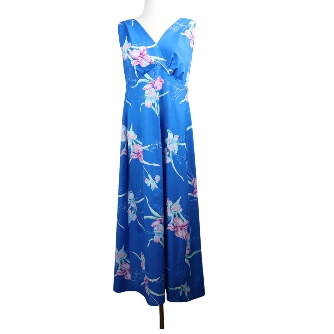VTG Hilo Hattie Blue Floral Hawaiian Maxi Dress Women’s 14 Sleeveless V-Neck