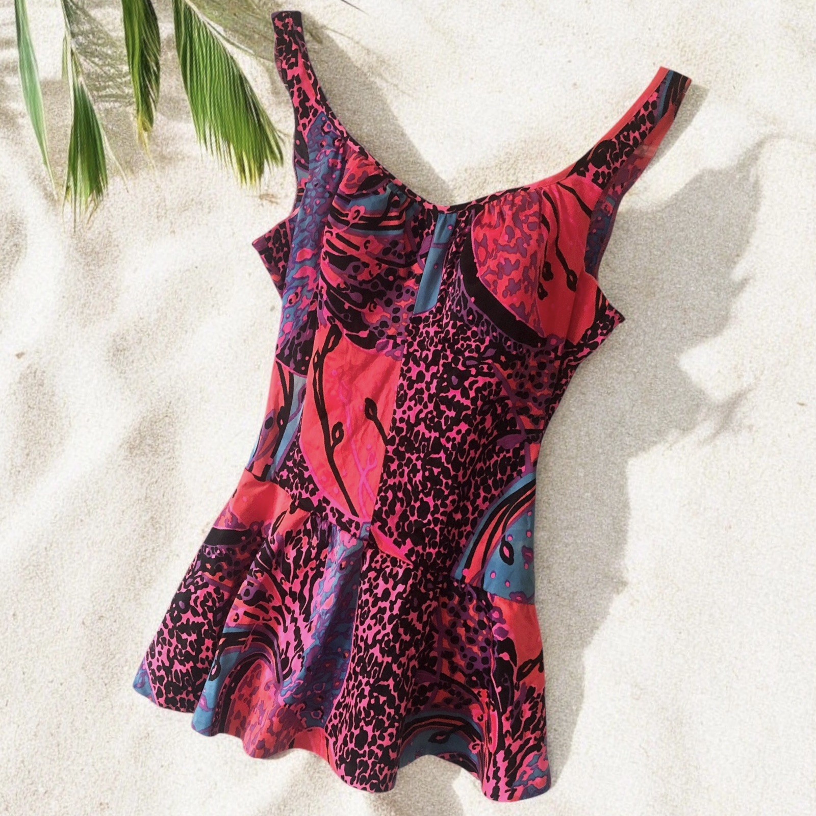 Vintage 70s Sirena California ￼Swim Bathing Suit 1 Piece Skirted Colorful ￼12-14