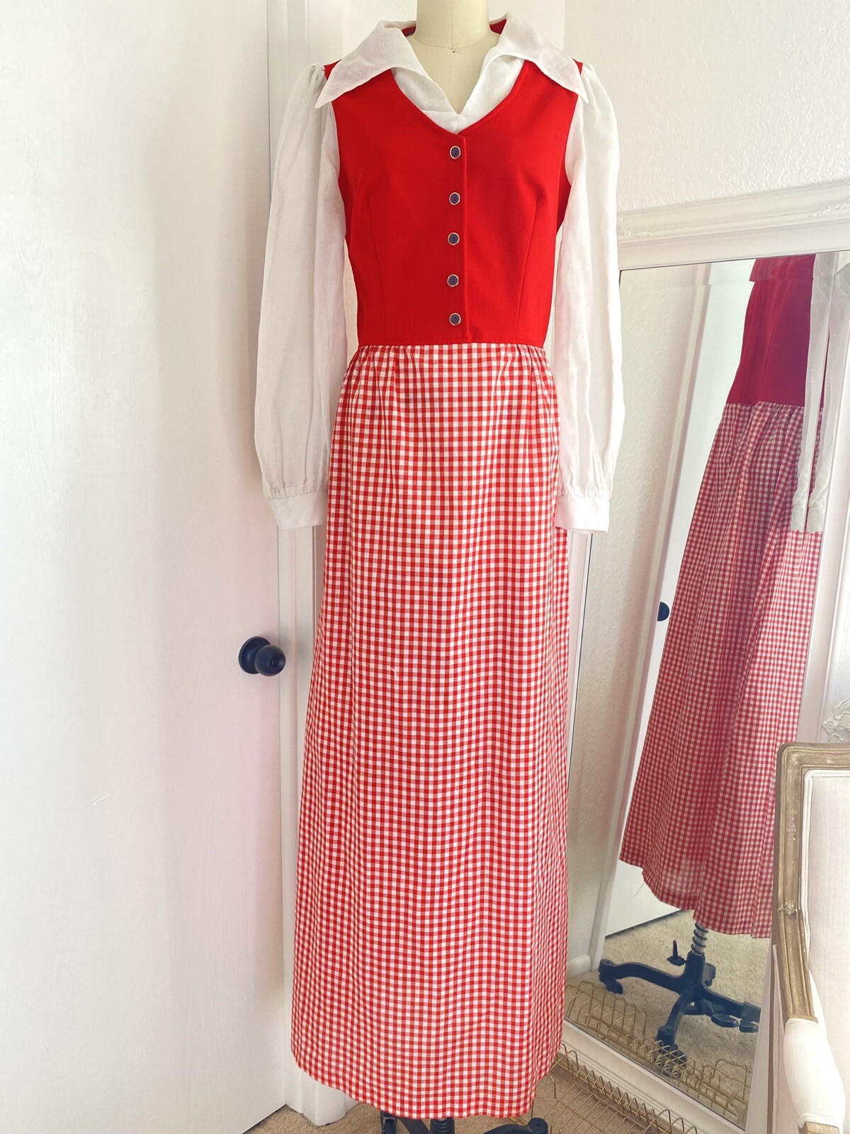 Vintage 70s Red Gingham Long Maxi Floor Gown Oversized Collar Boho Cottage Core