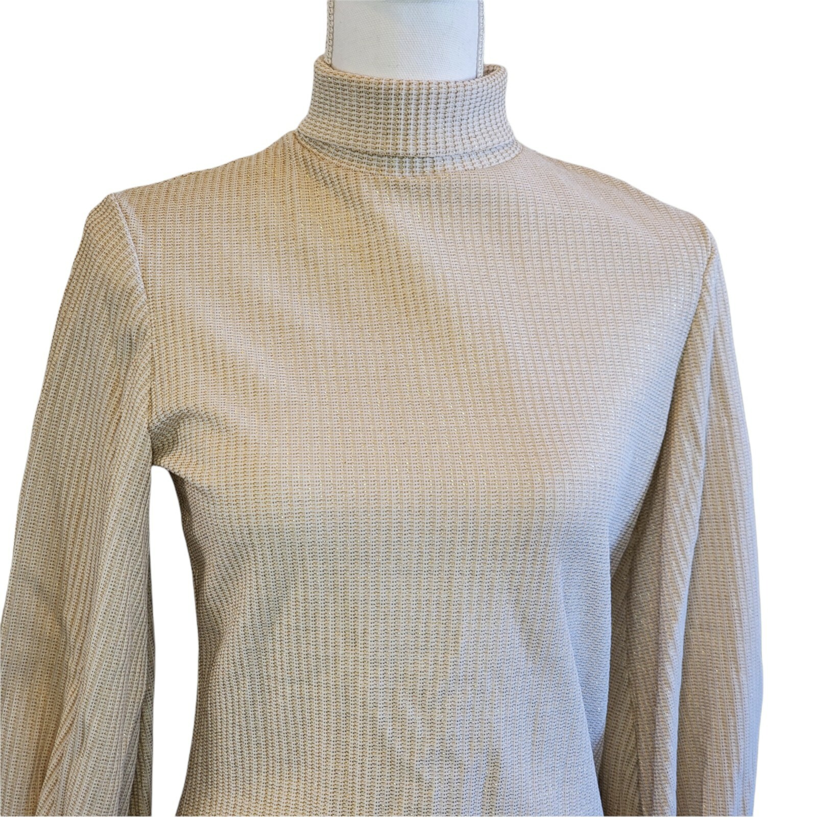 Neutral Beige Gold Metallic Sparklw Ribbed Turtleneck Vintage 80s Chic S/M