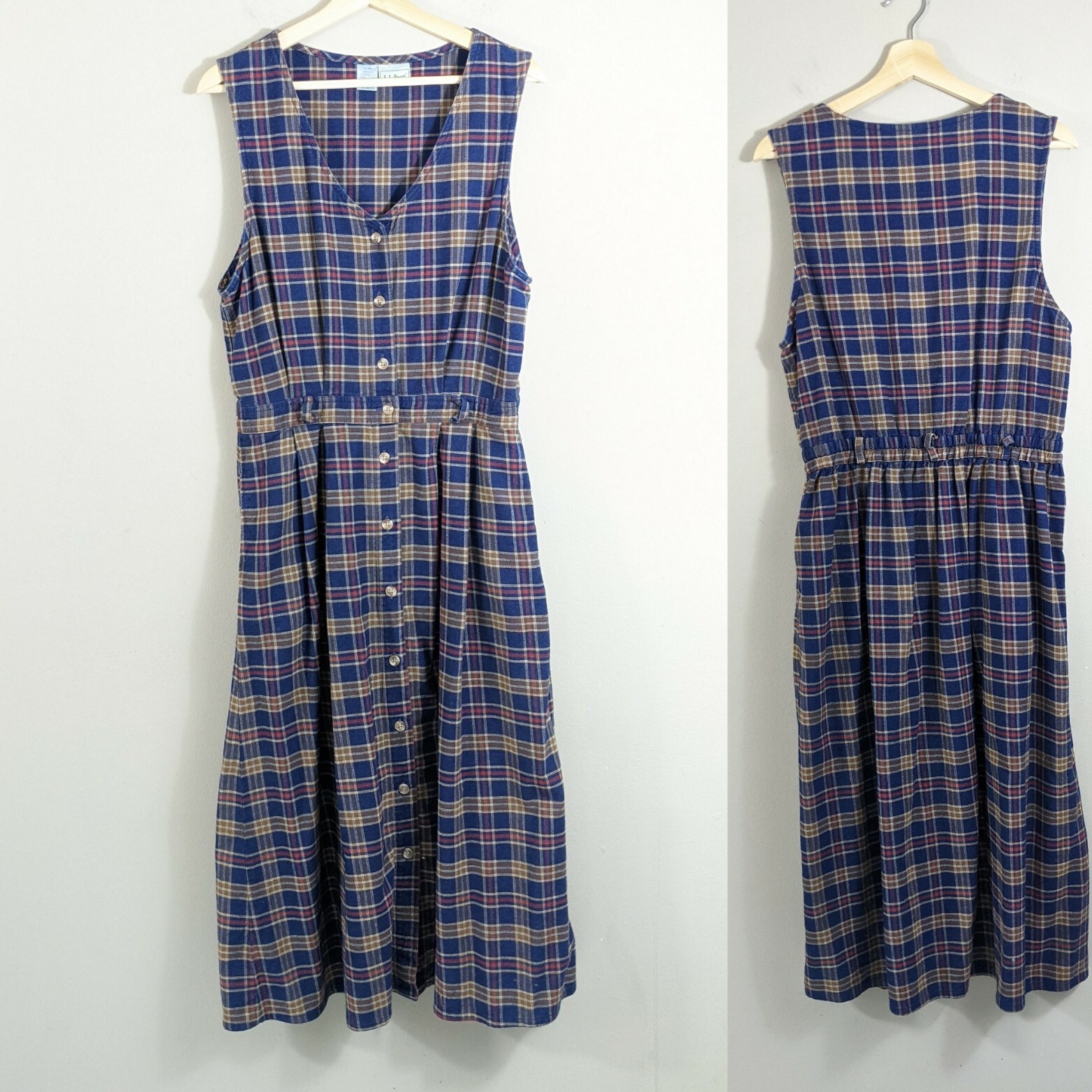 Vintage L.L. Bean Blue plaid Cotton Flannel Dress size M/L 1990’s 90s pockets