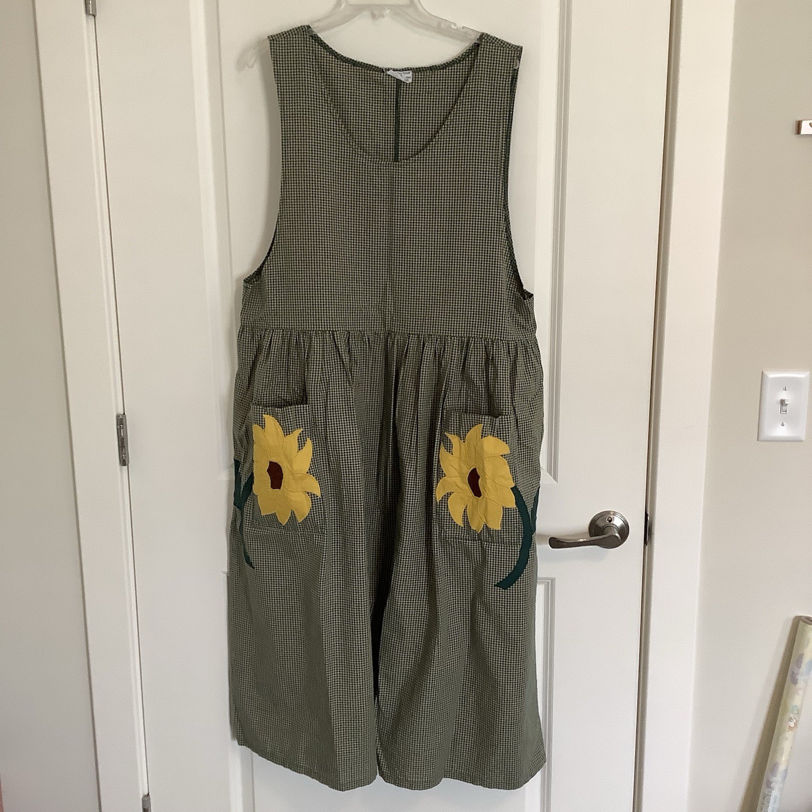 Vintage Sage Green Check Teacher Jumper With Front Sunflowers On Pockets