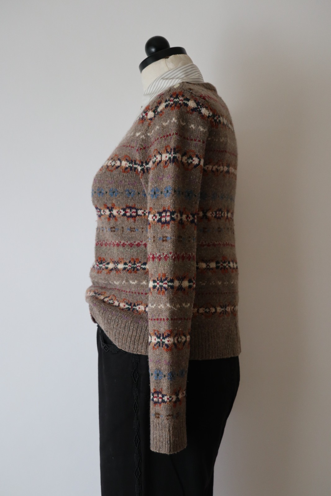 Ralph Lauren Beige Wool Cashmere Fair Isle Crewneck Handknit Sweater Women XS S
