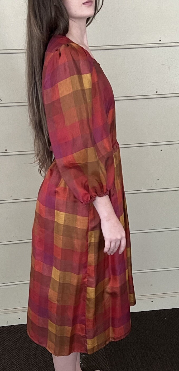 Vintage Donna Morgan For Non Stop Burgundy & Gold Plaid Dress Size Small