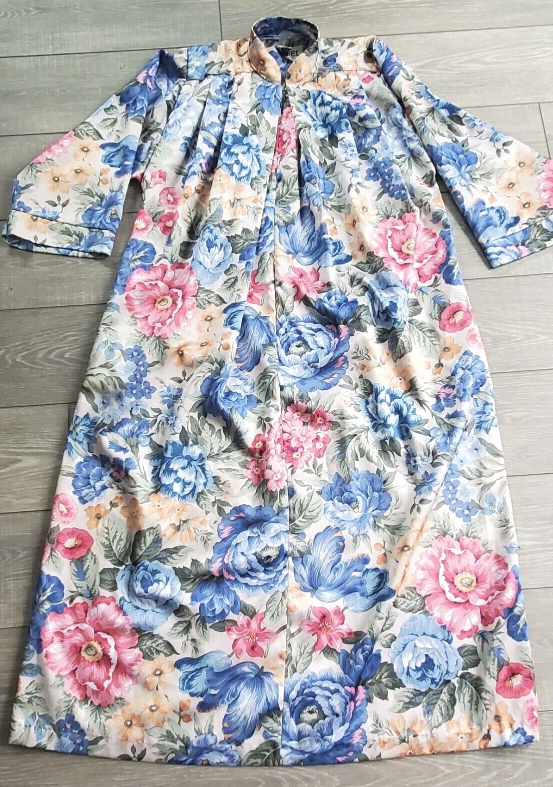 Vintage Ariel Housecoat Long Robe Floral Pink Blue Yellow Cream Sz P Large Zip