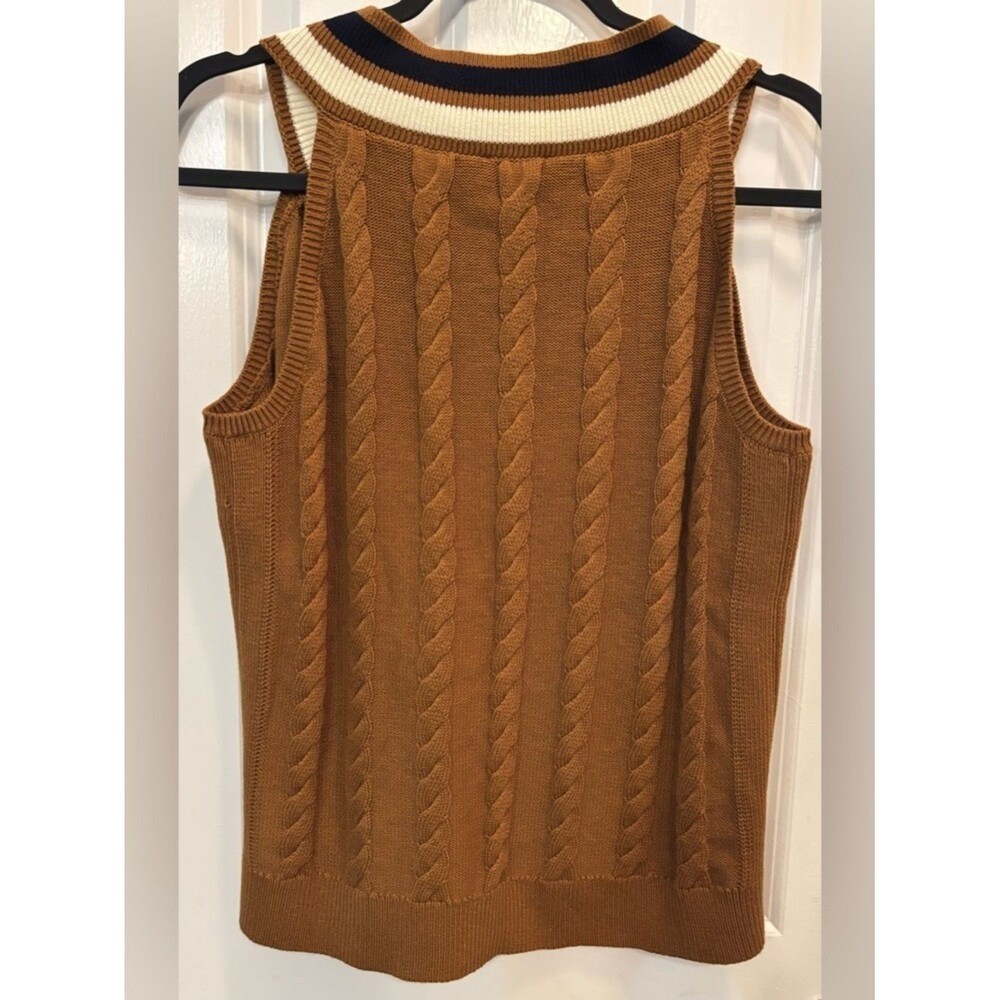 T by Talbots Cable Knit Sweater Vest Mustard V-Neck Stripe Trim Preppy Chic Sz M
