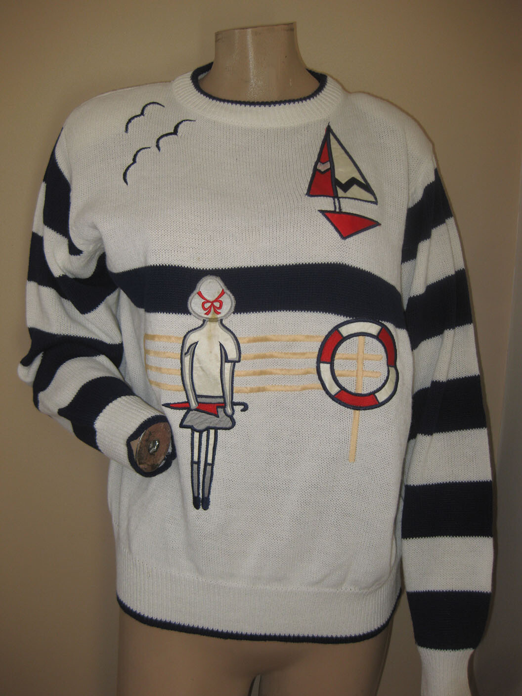 NWT Vintage 80s Alfred Dunner Navy Blue/White Marine Sea Boat Art Sweater S/M